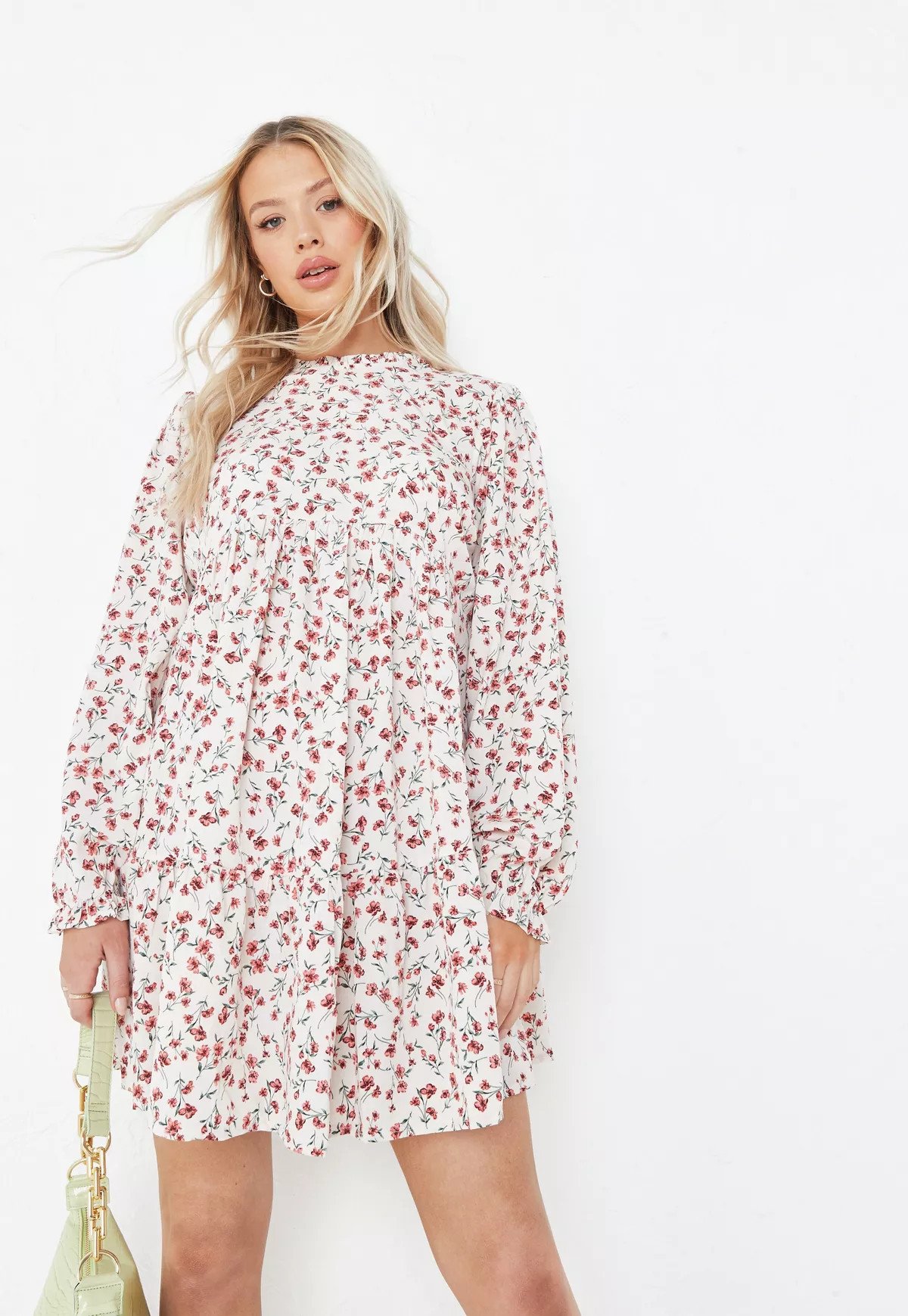 Cream Floral Print High Neck Tiered Maternity Smock Dress | Missguided (US & CA)