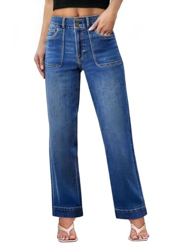 Sidefeel Women's Jeans Straight Leg Stretchy Tummy Control Wide Leg Baggy Pocket Denim Pants Dark Blue Size 10 | Amazon (US)