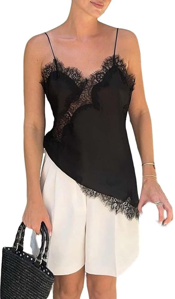 Women Long Lace Trim Spaghetti Strap Tank Silk Satin Asymmetrical Cami Top Flowy Layering Lace Sl... | Amazon (US)