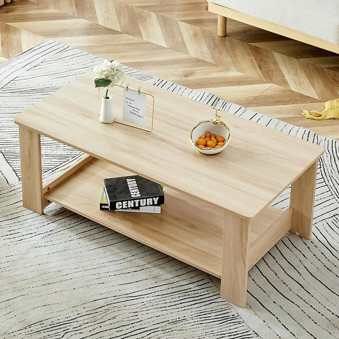 LUSPAZ Farmhouse Wood Coffee Table - Boho Tea Table with Storage Shelf, Rectangle Center Table Wo... | Amazon (US)