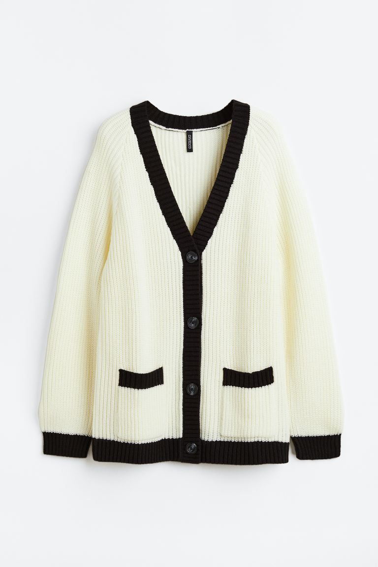 Rib-knit cardigan - White/Black - Ladies | H&M GB | H&M (UK, MY, IN, SG, PH, TW, HK)