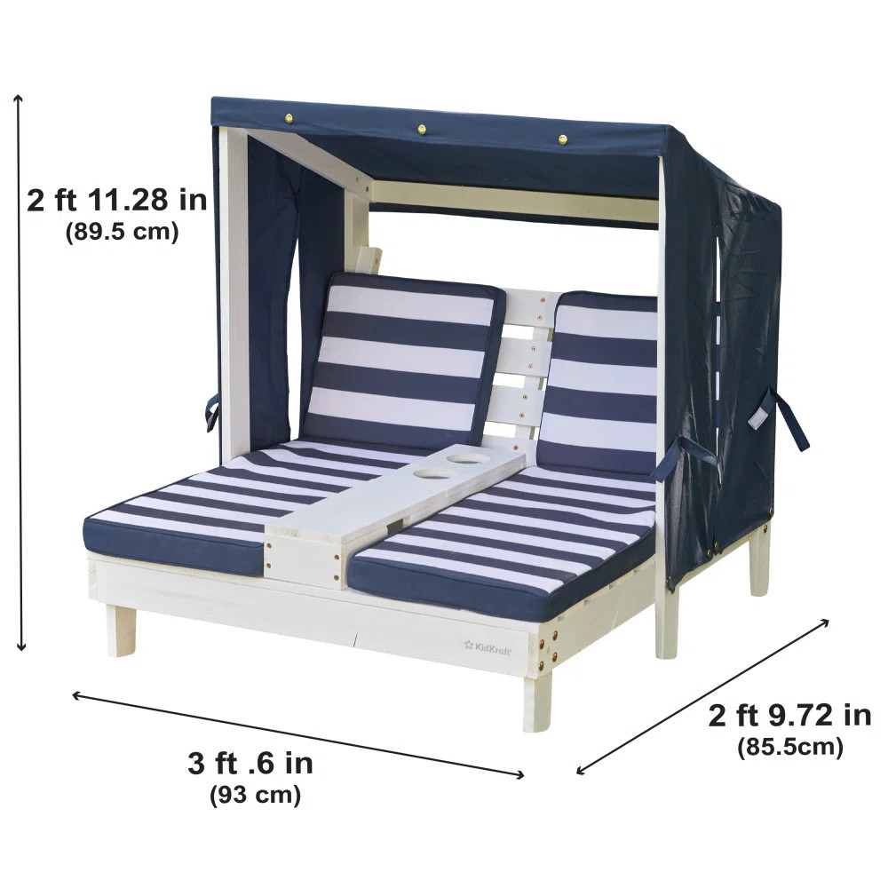 Wooden Outdoor Double Chaise Lounge With Cup Holders, White With Navy And White Stripes | Wayfair North America