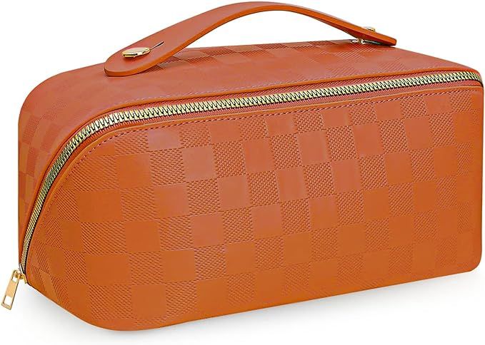 BOBOBOX Travel Checkered Cosmetic Bags PU Leather Waterproof Makeup Bag Portable with Handle and ... | Amazon (US)