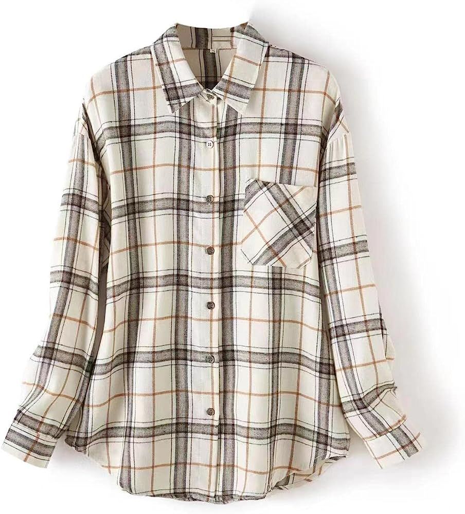 Women's Plaid Button Down Casual Thin Brushed Long Sleeve Shirt | Amazon (US)