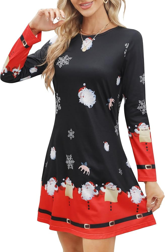 XISOXU Women's Christmas Printed Tunic Dress Sexy Xmas Costume Long Sleeve Casual Swing Dresses O... | Amazon (US)