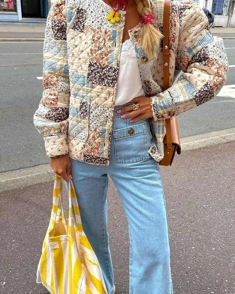 Women Open Front Puffer Jacket Vinatge Floral Print Crop Quilted Cardigan Y2k Patchwork Padded Coat Streetwear | Amazon (US)