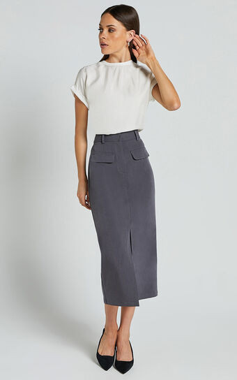 Brylee Midi Skirt - High Waisted Front Split Skirt in Charcoal | Showpo (ANZ)