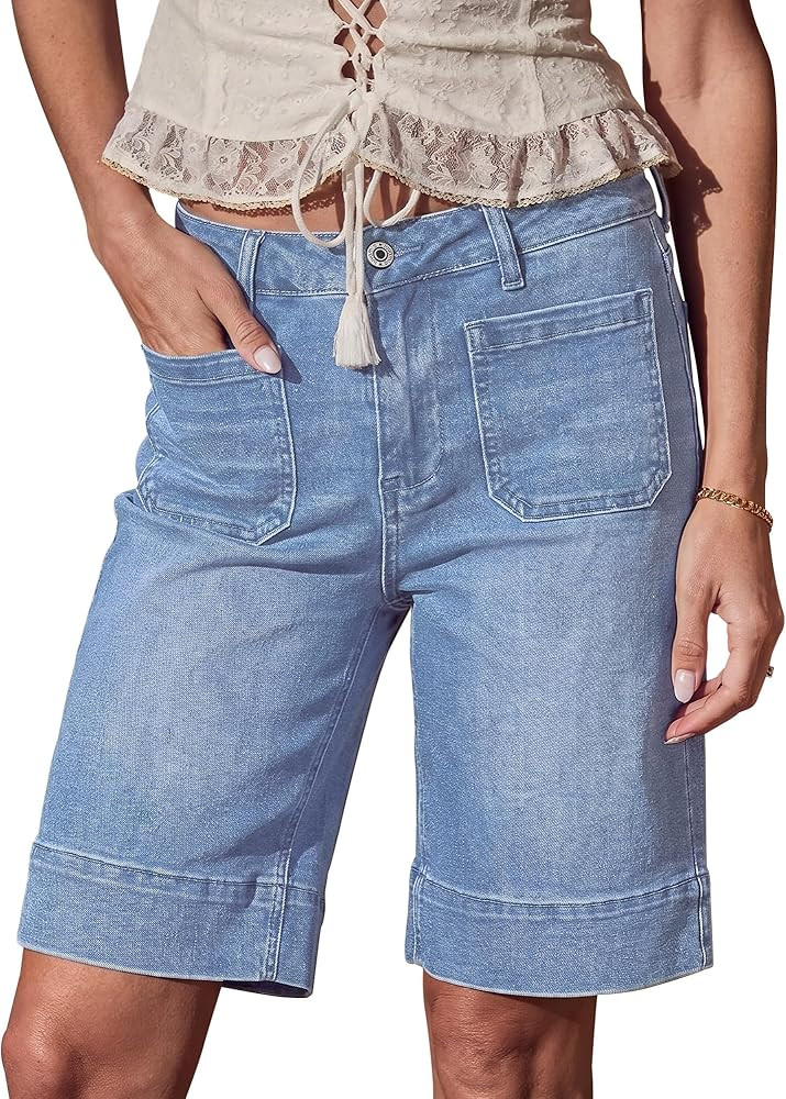 luvamia Bermuda Shorts for Women High Waisted Trendy Patch Pocket Casual Vintage Long Stretchy De... | Amazon (US)