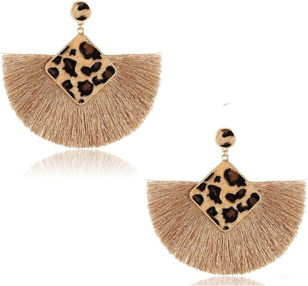 CEALXHENY Leopard Earrings Bohemia Cheetah Fan Tassel Earrings for Women Statement Animal Print F... | Amazon (US)