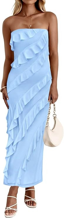 Muchpow Women's Strapless Ruffle Dress Midi Elegant Summer Bodycon Stretchy Mesh Ruched Party Coc... | Amazon (US)