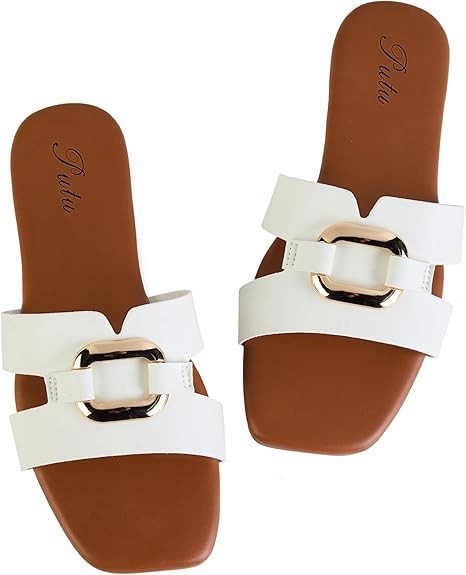 Putu Women's Flat Sandals Square Open Toe Slide Sandals Casual Summer Sandals with Metallic Buckl... | Amazon (US)