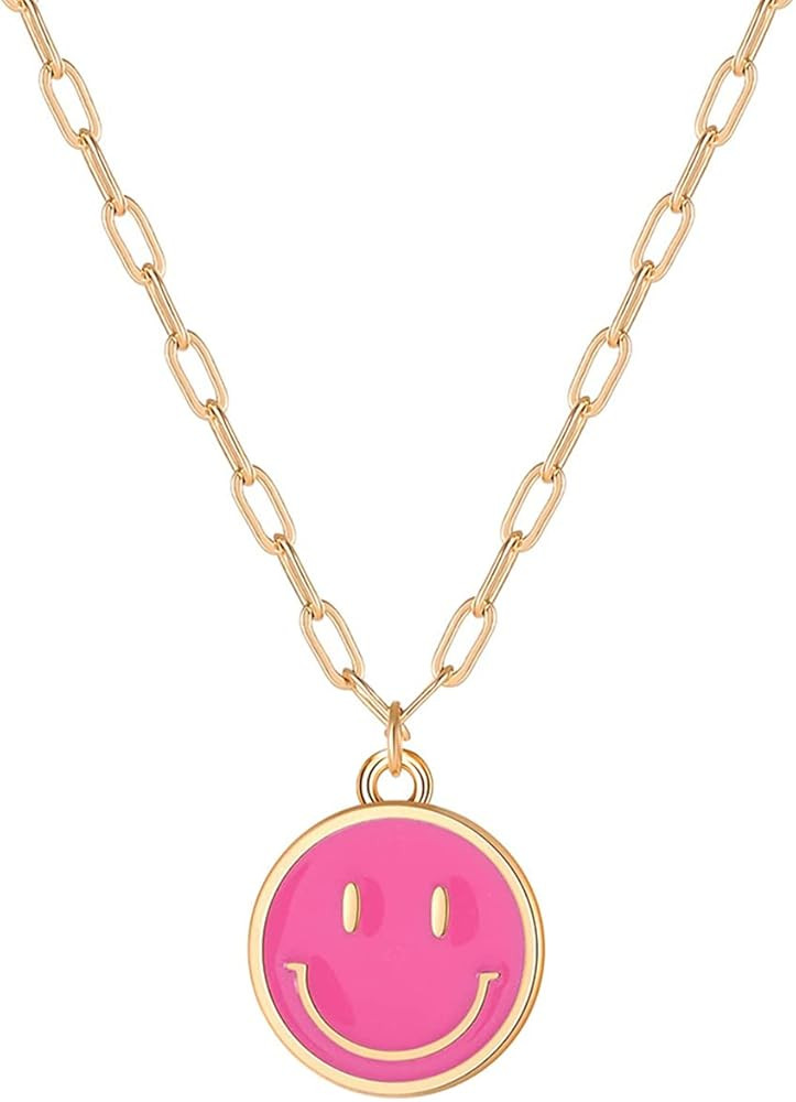 Smile Pendant Necklace Smile Face Chain Necklace Paperclip Necklace Cute Round Pendant Necklace P... | Amazon (US)