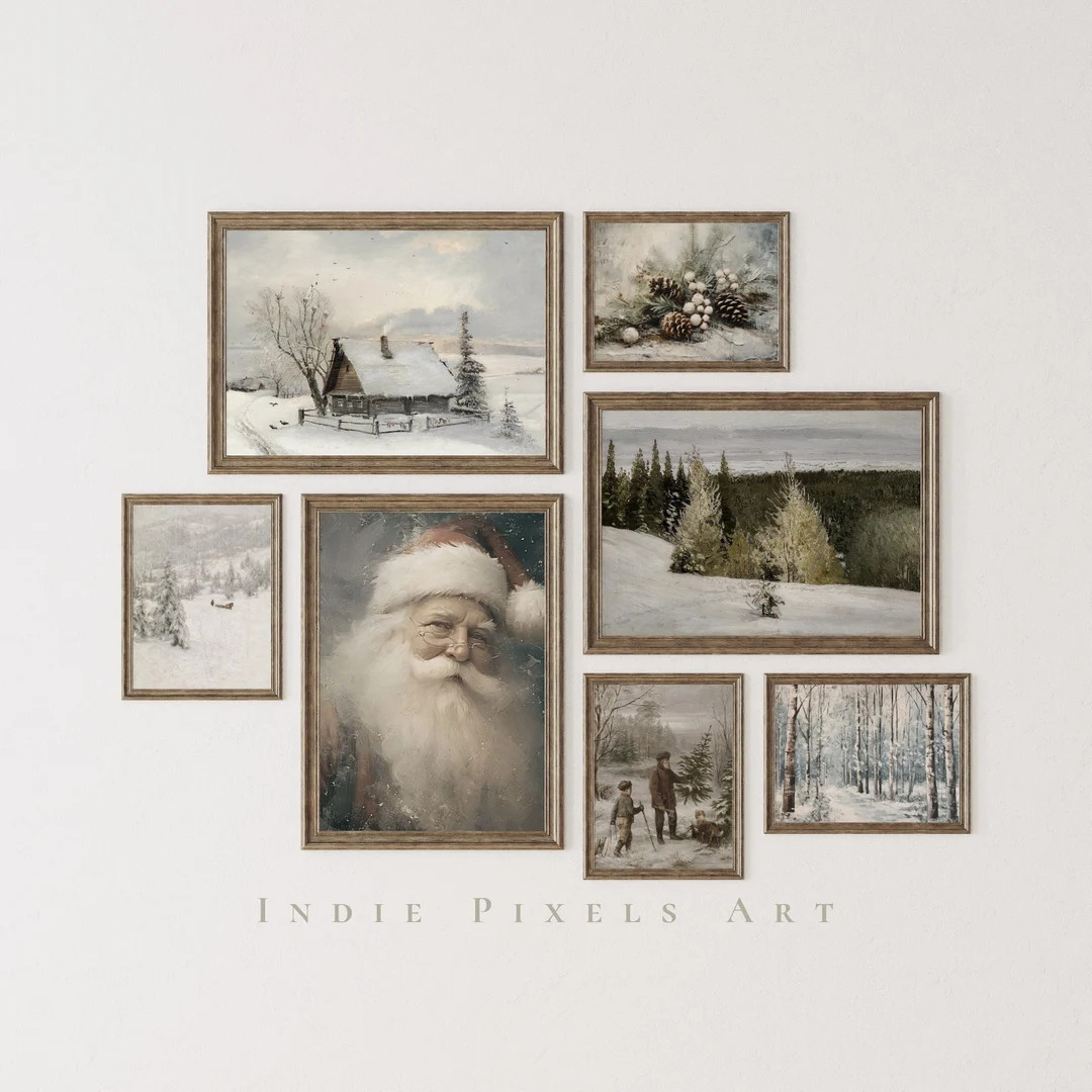 Printable Vintage Art Winter Art Gallery Wall Santa Portrait Print Christmas Gallery Pine Forest ... | Etsy (US)