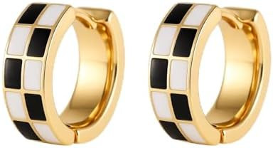 Chic Checker Small Hoop Cartilage Earrings Teacher Earrings for Women；White Black Enamel Hypoal... | Amazon (US)