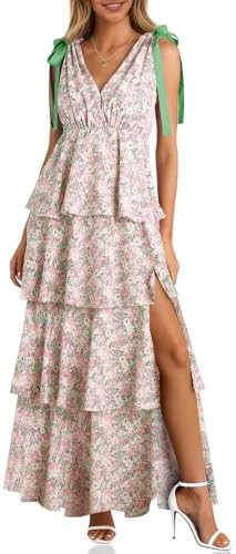 Wenrine Womens Summer Floral Maxi Dress Tie Strap Sleeveless V Neck High Slit Boho Ruffle Tiered ... | Amazon (US)