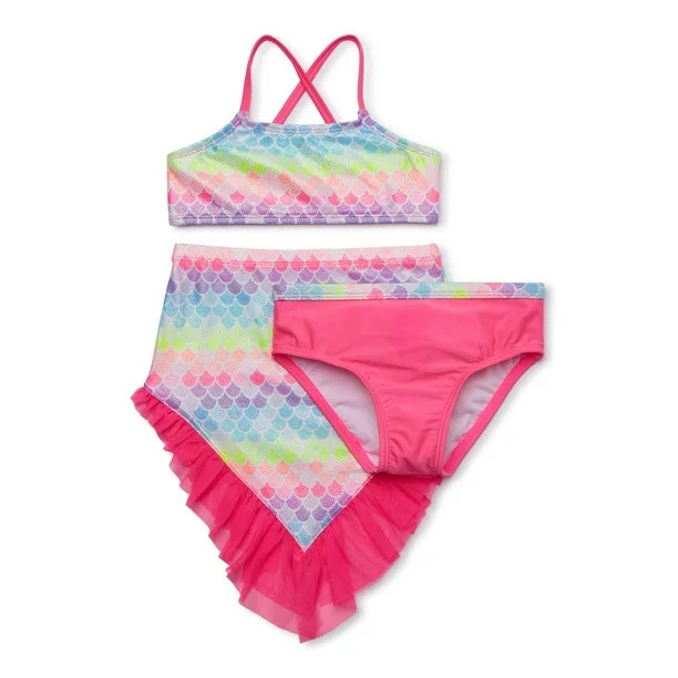 Wonder Nation Baby Toddler Girl Mermaid Bikini Swimsuit & Skirt, 3pc Set | Walmart (US)