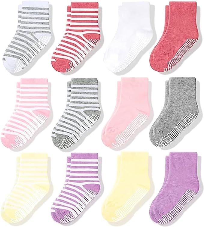 CozyWay Baby Anti Slip Crew Socks 12 Pairs with Grips for Toddlers Little Boys Girls Infants Kids... | Amazon (US)