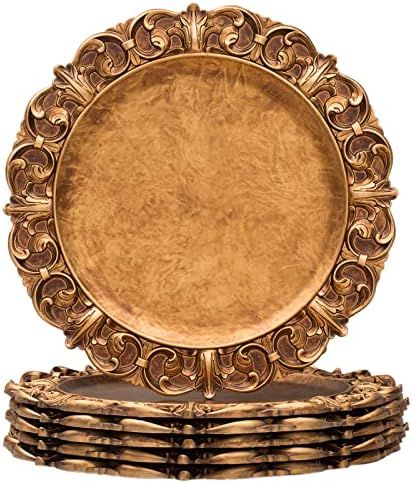 MAONAME 14" Antique Gold Charger Plates with Embossed Rim, Plastic Large Plate Chargers for Dinne... | Amazon (US)