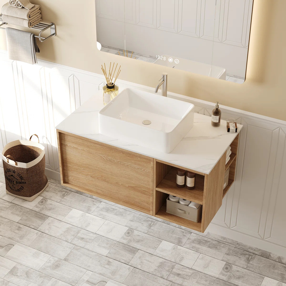 36'' Wall Mounted Floating Bathroom Vanity Set With Faux Marble Top, Removable Shelf | Wayfair North America