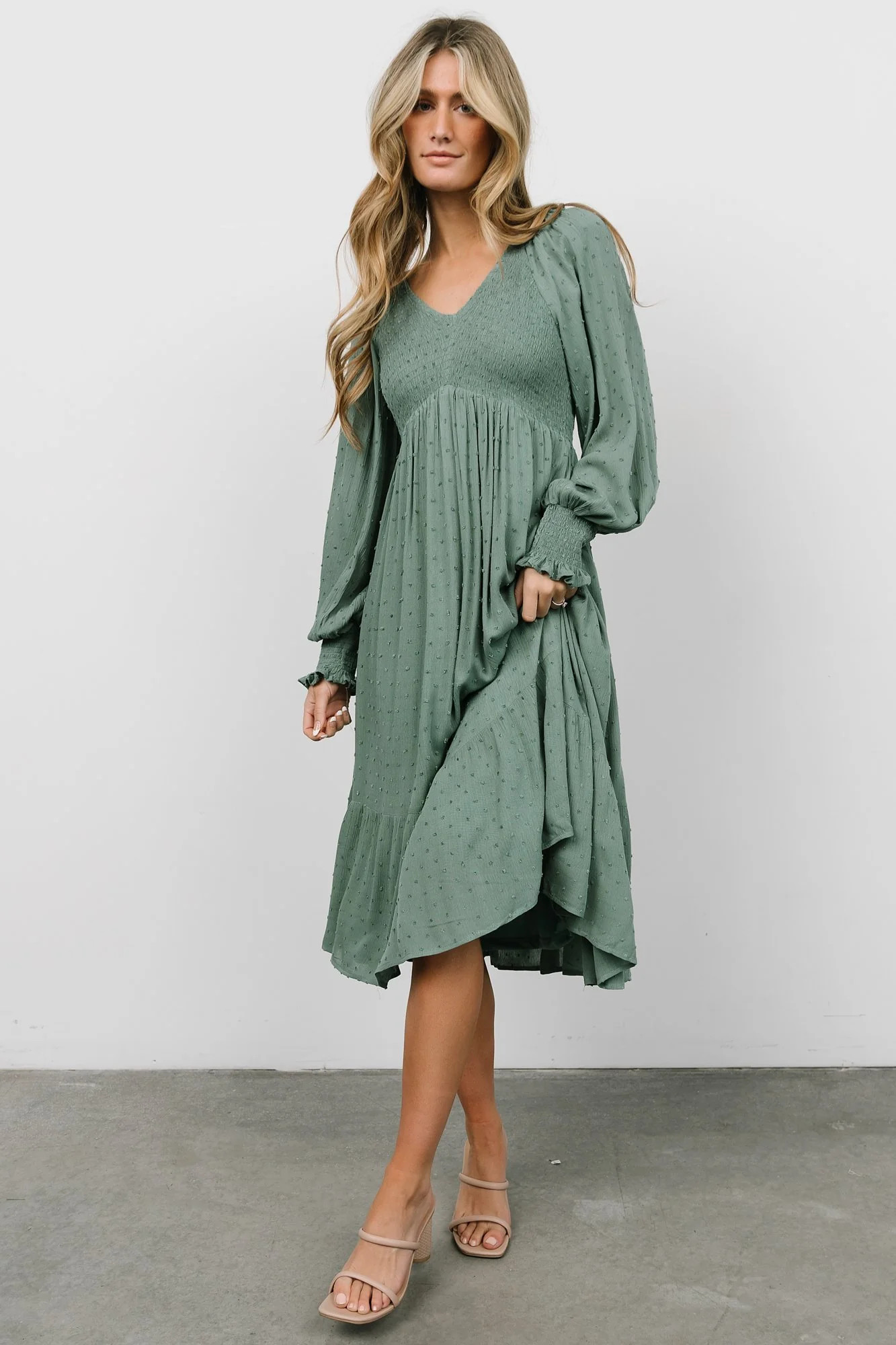 Lainey Smocked Dotted Midi Dress | Dark Sage | Baltic Born