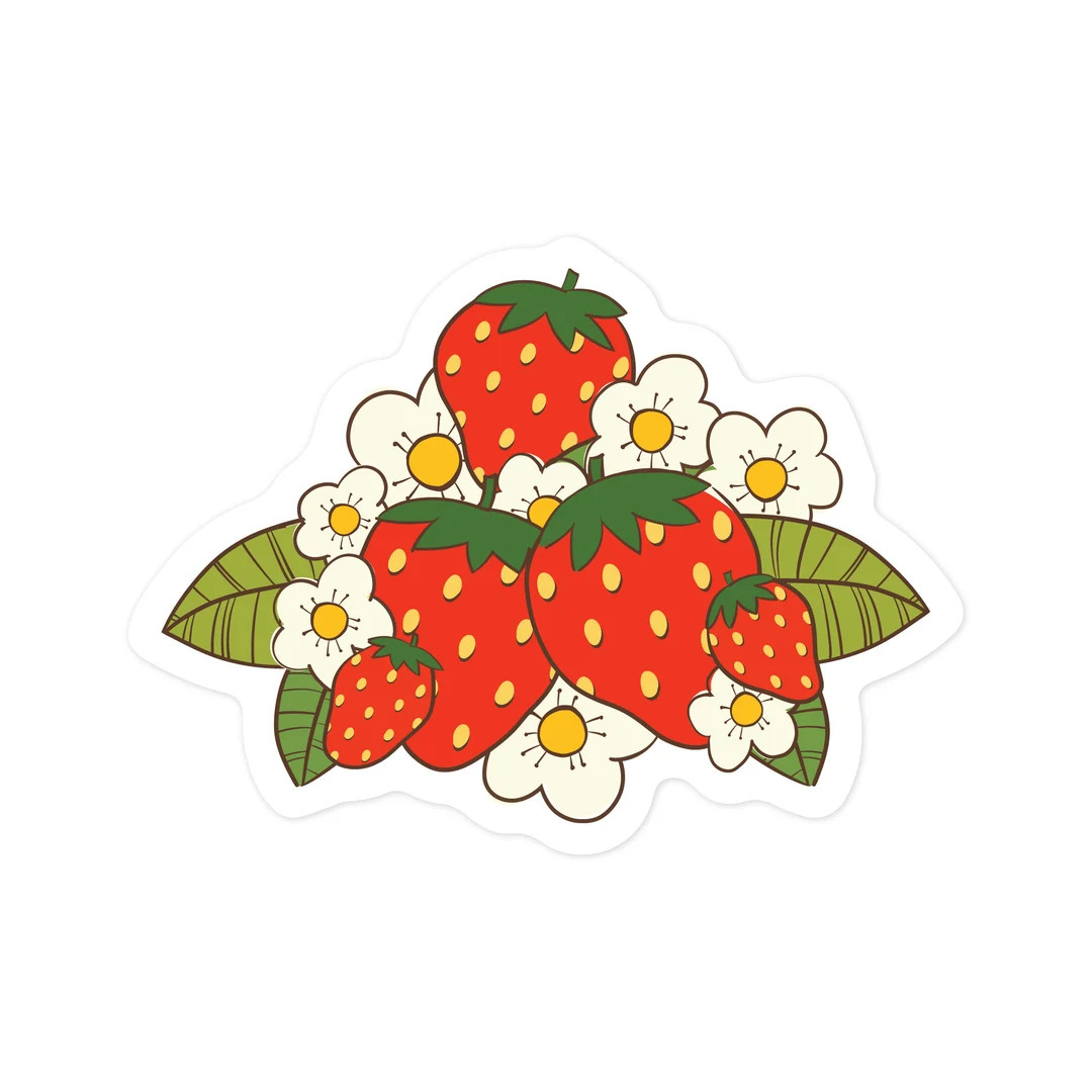 Strawberries Sticker | Illustrated cute strawberries and blossoms | Retro | Flowers | Fruit | Etsy (US)