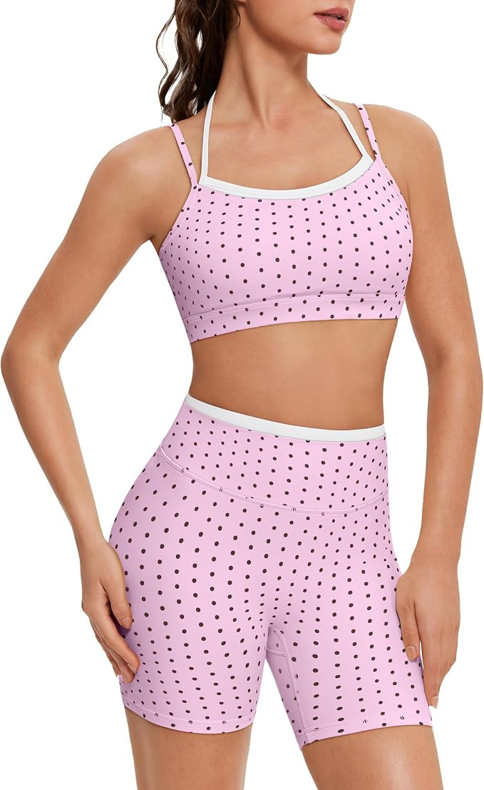 OMKAGI Workout Sets for Women Cute Doubel Layer Open Back Sports Bras Gym Shorts Outfits | Amazon (US)