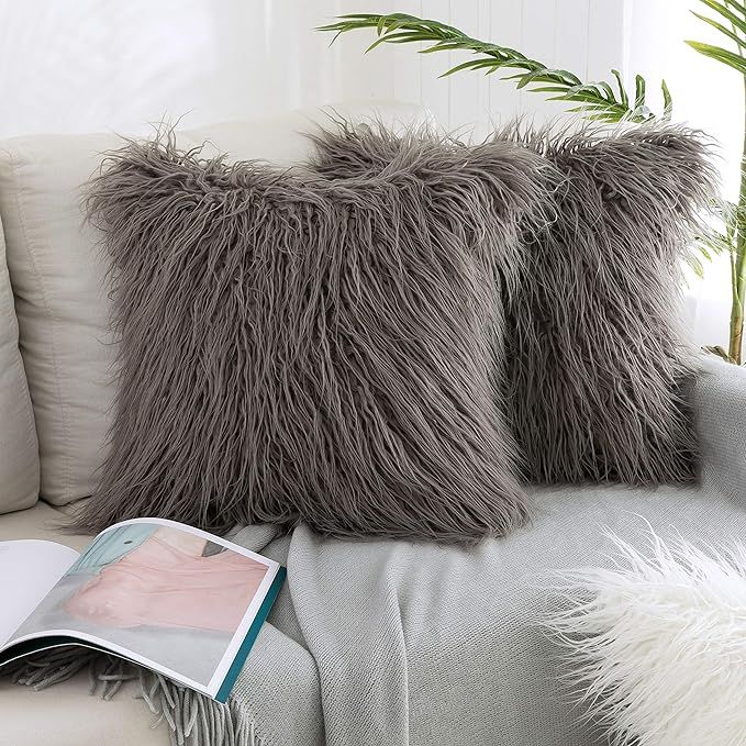 Kevin Textile Pack of 2, Decor Home Deluxe Soft Plush Merino Style Grey Faux Fur Throw Pillow Cov... | Amazon (US)