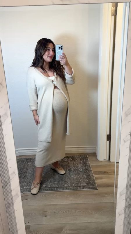 Showing off the bump! Obsessed with this skirt and cardigan sweater set! Super soft, lightweight and comfortable! 

It’s not maternity but stretchy and nursing friendly! 

Wearing a size small
Shoes run TTS 


#LTKBump #LTKFindsUnder100 #LTKShoeCrush