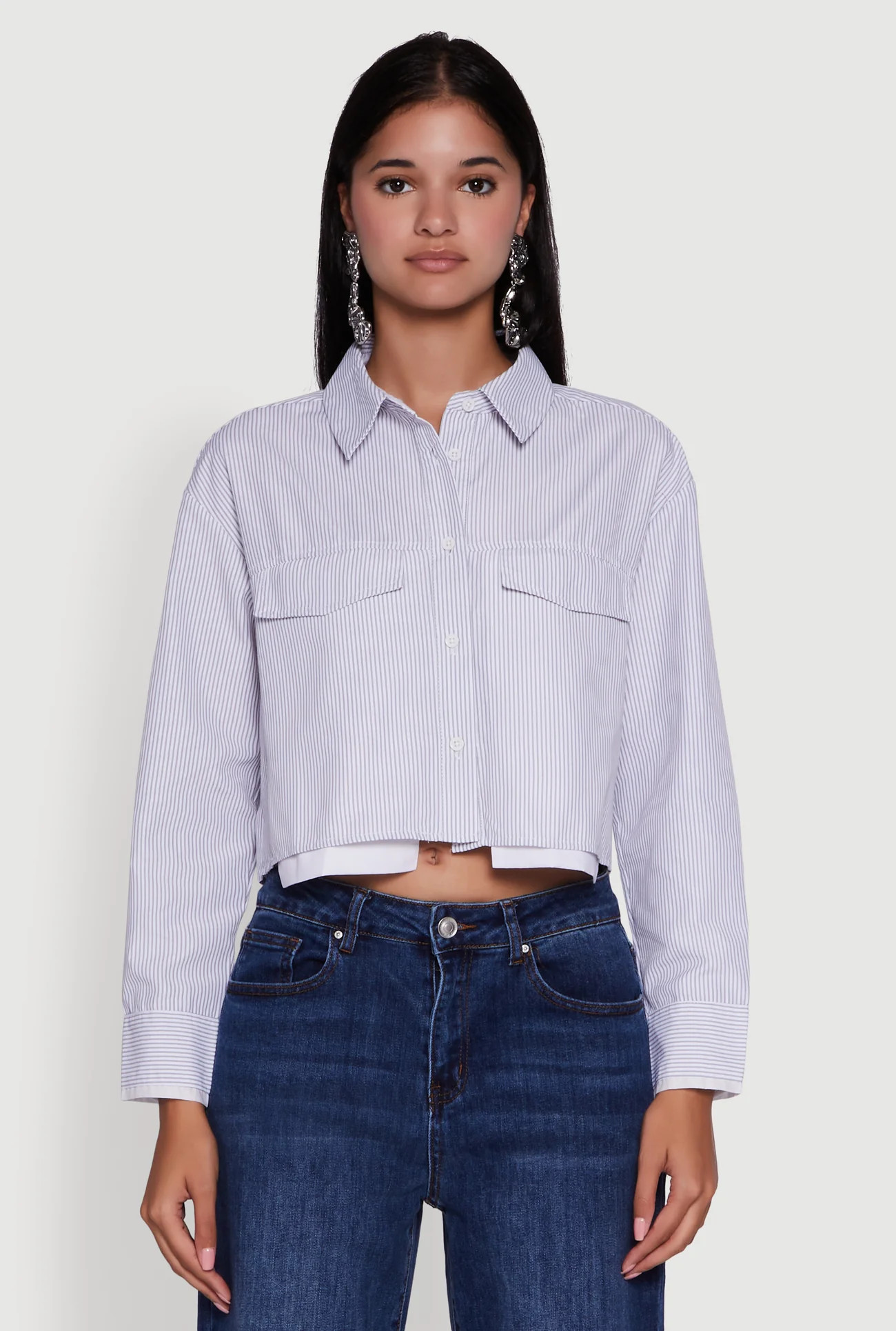 Striped Long Sleeve Button Front Cropped Shirt | Rainbow Shops