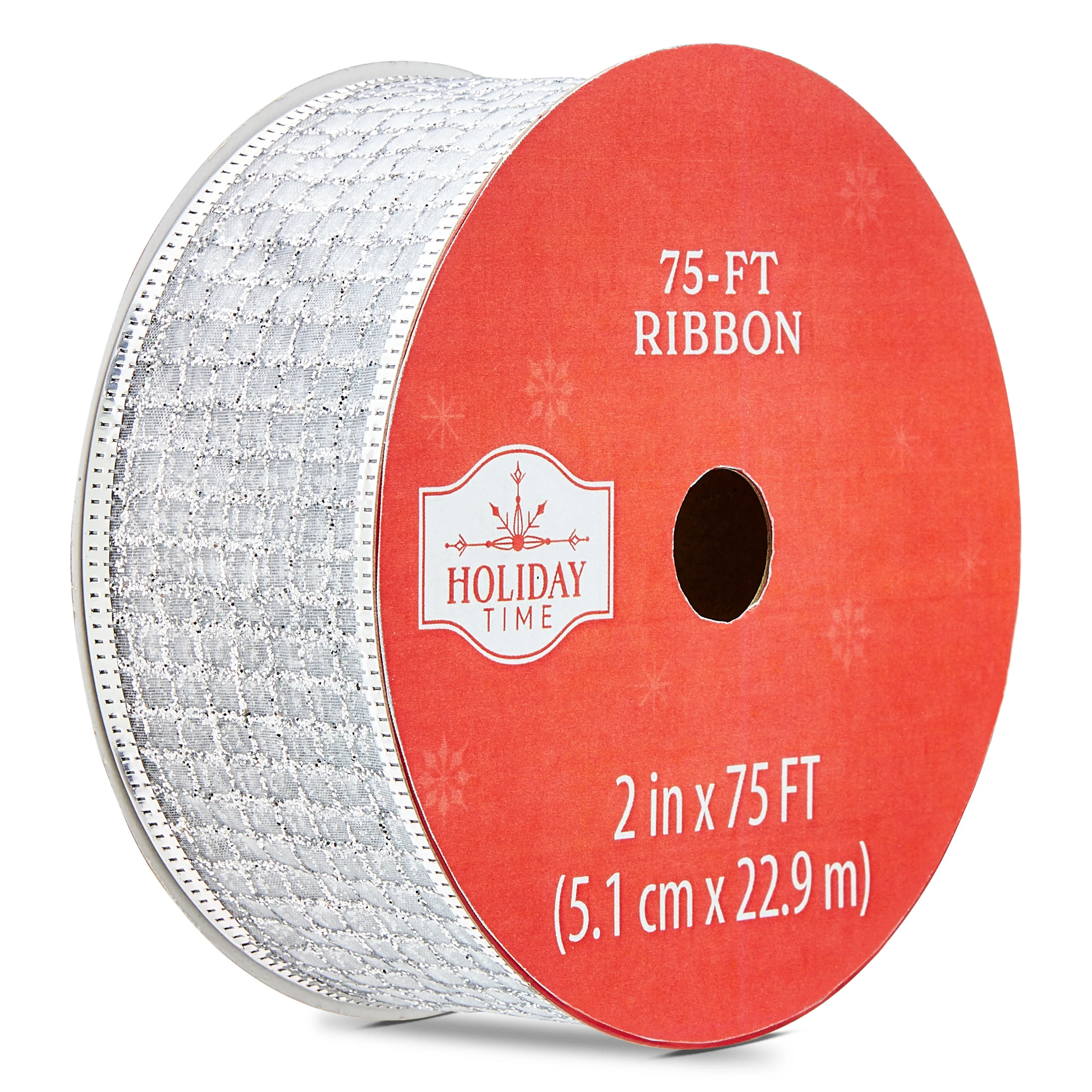 Silver Sheer Check Christmas Ribbon, 2" x 75', by Holiday Time | Walmart (US)