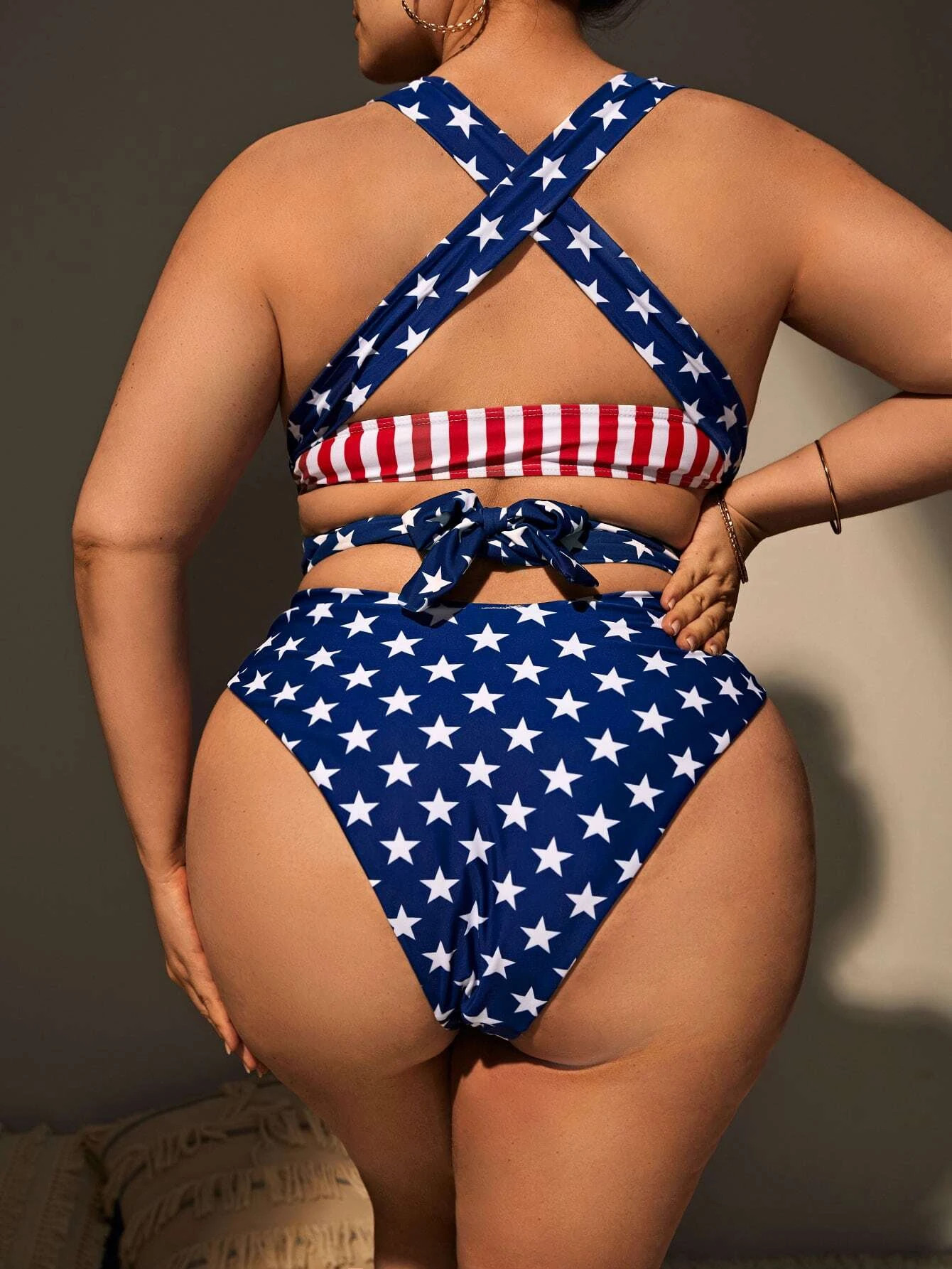 Plus Americana Print Crisscross Tie Back Bikini Swimsuit
   SKU: sf2204237033334048      
       ... | SHEIN