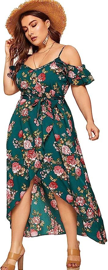 Milumia Women Plus Size High Waist Boho Floral Cold Shoulder Split Maxi Dress | Amazon (US)