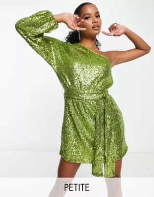 Collective the Label Petite exclusive one sleeve tie waist sequin mini dress in lime | ASOS (Global)