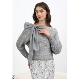 Organza Bowknot Sequin Embellished Fuzzy Knit Sweater in Grey | Chicwish