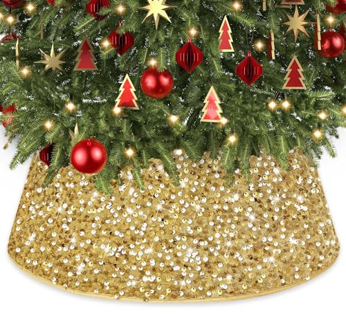 WUPIOS Gold Christmas Tree Collar 28.3Inch Large Tree Collars Glittery Sequin Tree Skirt for Christmas Decorations Foldable Christmas Tree Rings Round Xmas Tree Base Cover for Holiday Home Party Decor | Amazon (US)