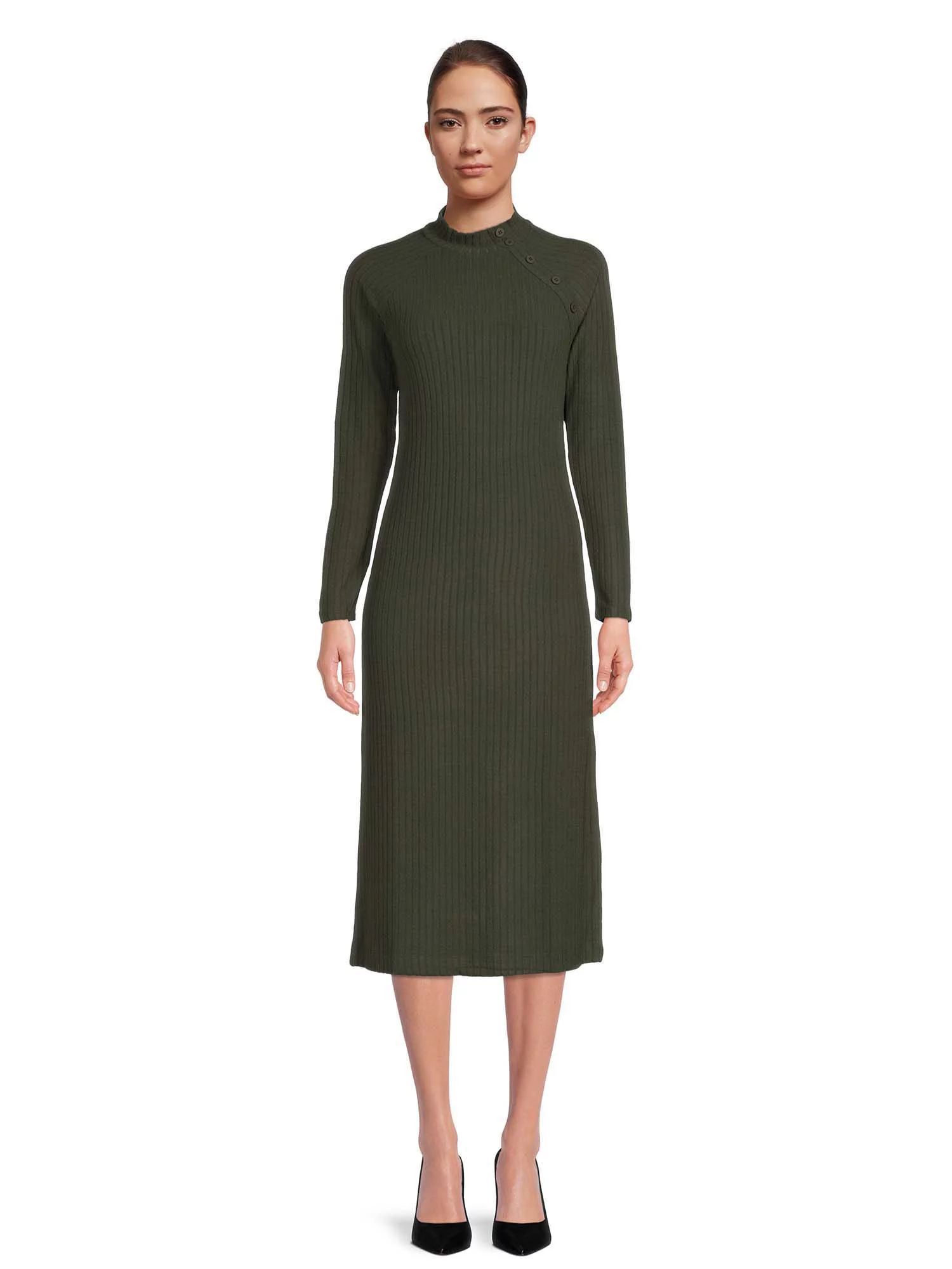 Time and Tru Women's Rib Knit Dress with Long Sleeves | Walmart (US)