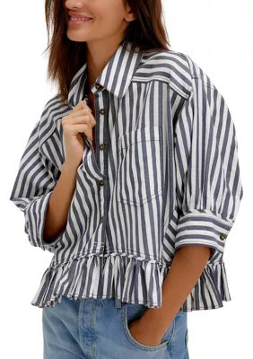 Free People Women's Bailey Stripe Shirt, Navy Blue, Large | Belk