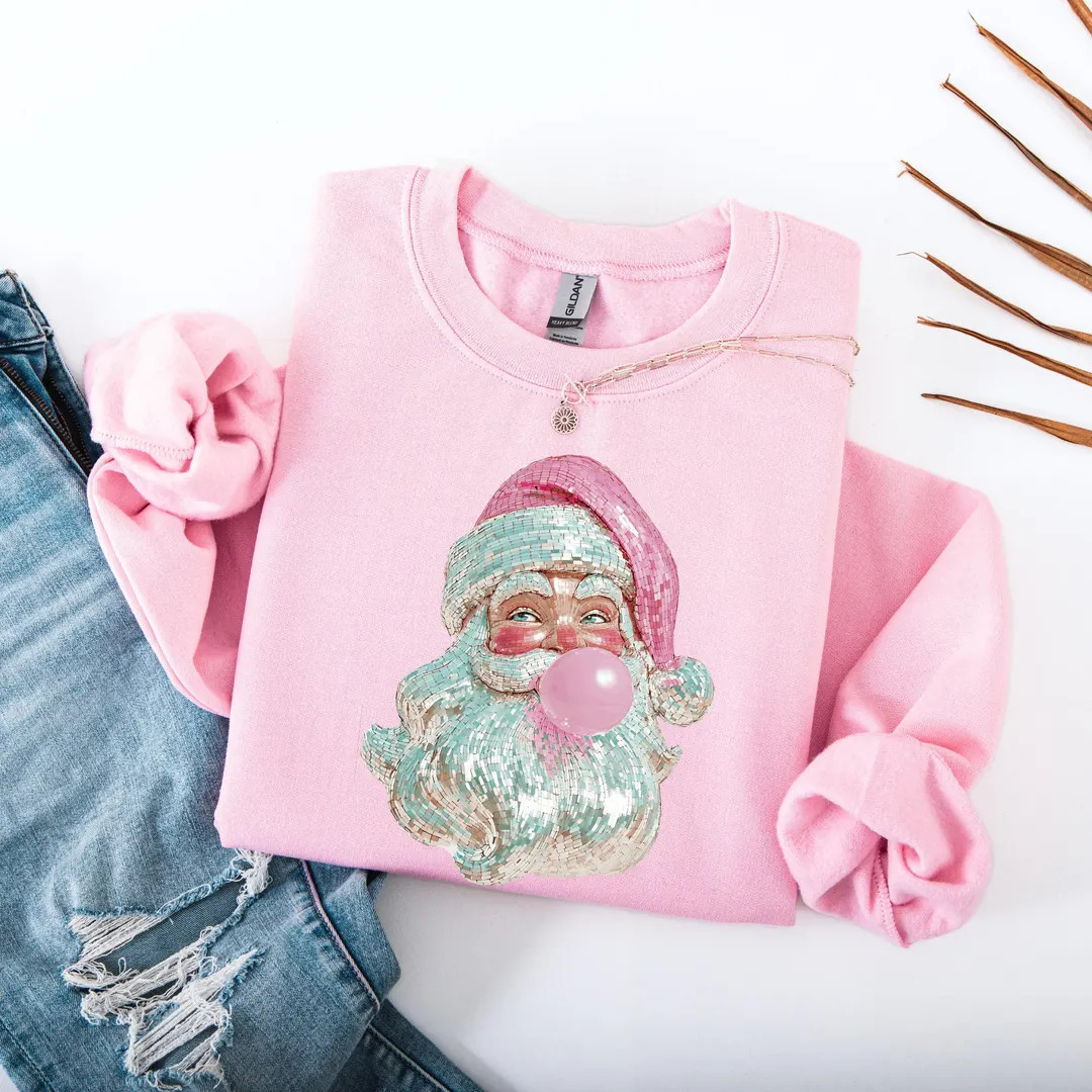 Disco Santa Bubblegum Sweatshirt | Sparkly Retro Christmas Crewneck | Etsy (US)