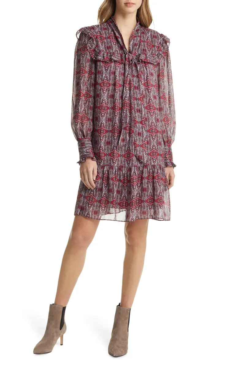 Ruffle Yoke Tie Neck Long Sleeve Dress | Nordstrom