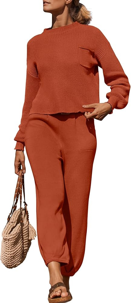 ZESICA Women's 2 Piece Outfits Sweater Set Long Sleeve Mock Neck Knit Pullover Top High Waist Pan... | Amazon (US)