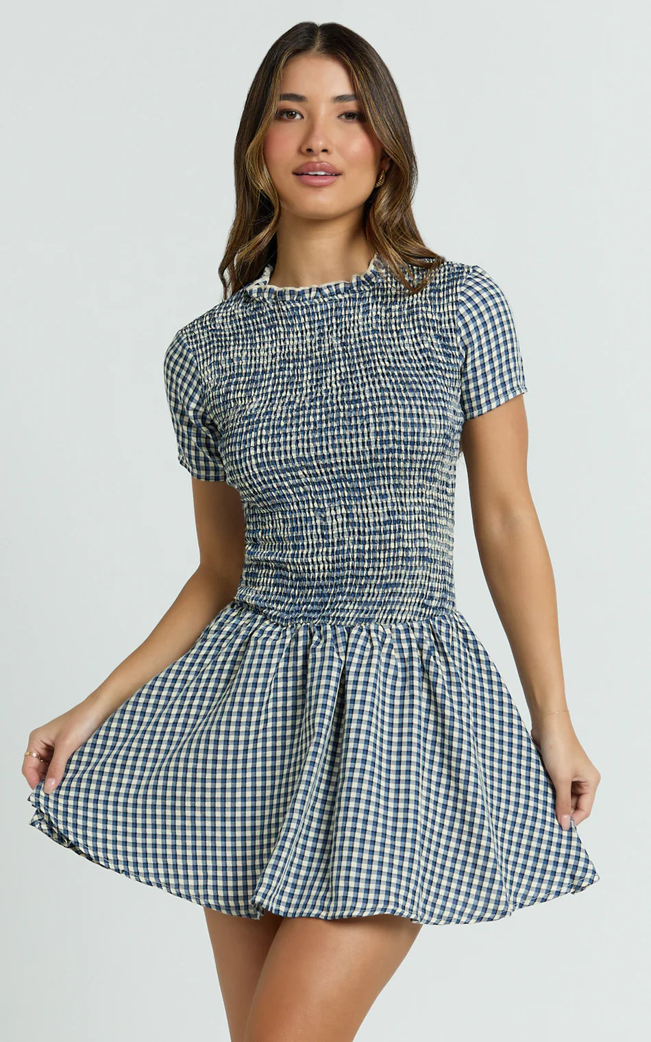 Kristen Mini Dress - Short Sleeve Smocked T-Shirt Dress in Navy | Showpo (US, UK & Europe)