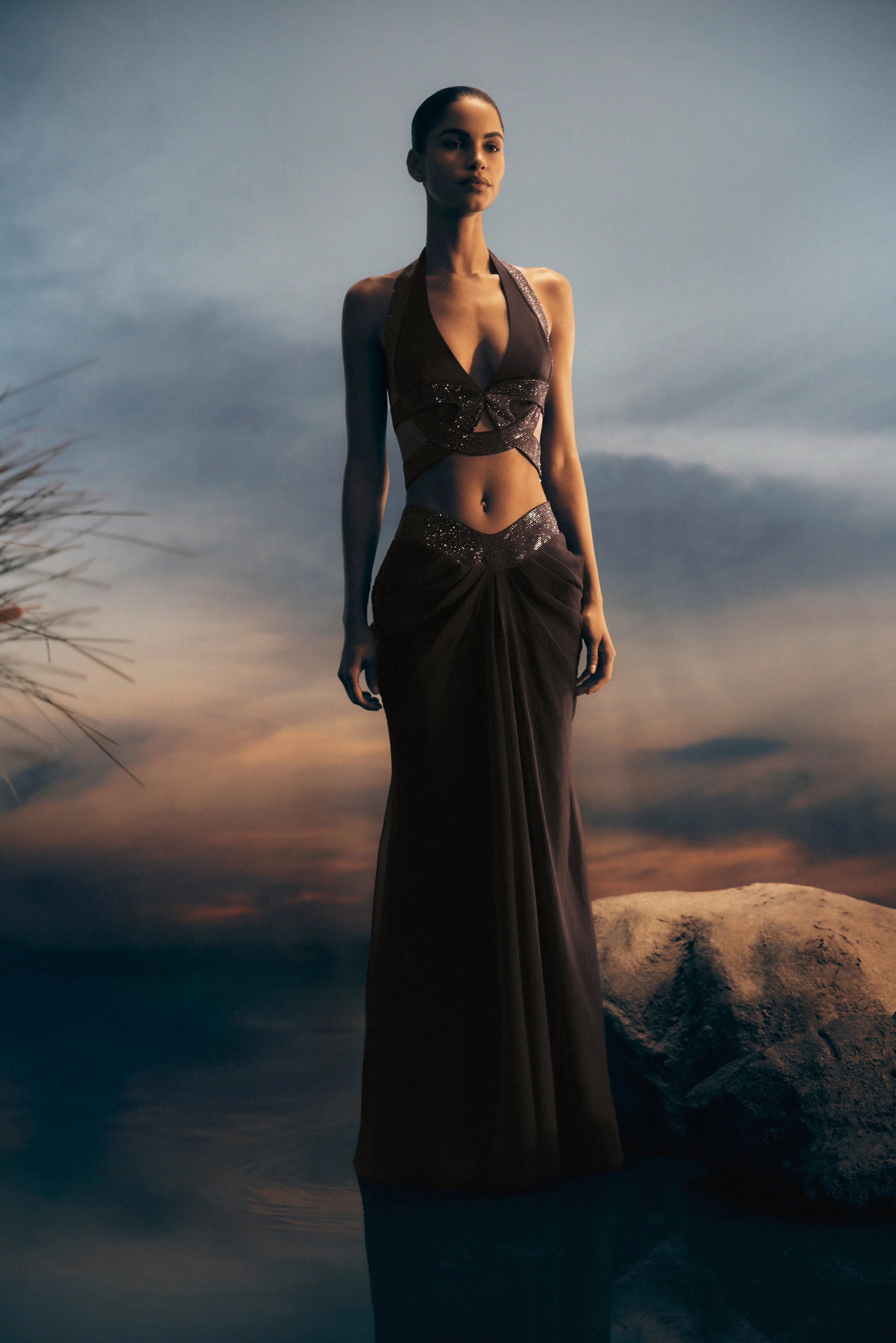 Siren Satin And Diamante Maxi Skirt - Dark Chocolate | MESHKI US