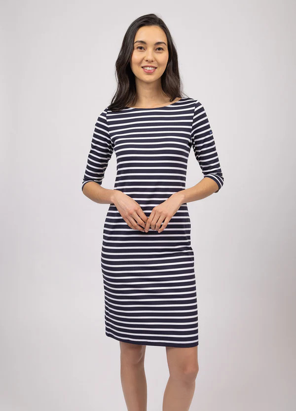 PROPRIANO - Form-Fitting Nautical Stripe Dress | Anti-UV Stretch Fabric (NAVY / WHITE) | Saint James