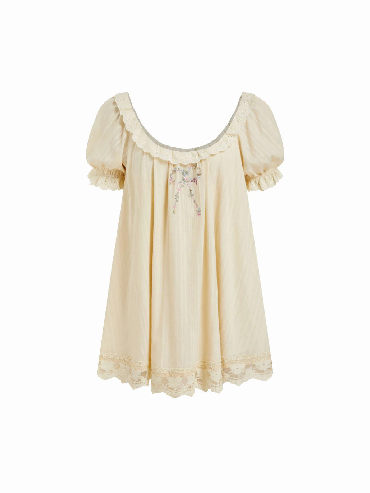 Cotton-blend Floral Graphic Scoop Neck Puff Sleeve Lace Babydoll Mini Dress | Cider