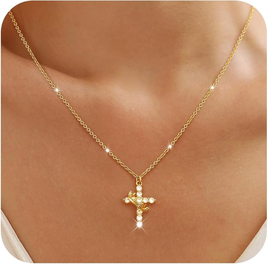 Cross Necklace for Women, Dainty 14k Gold Plated/Silver Cross Crown Cubic Zirconia Pendant Neckla... | Amazon (US)