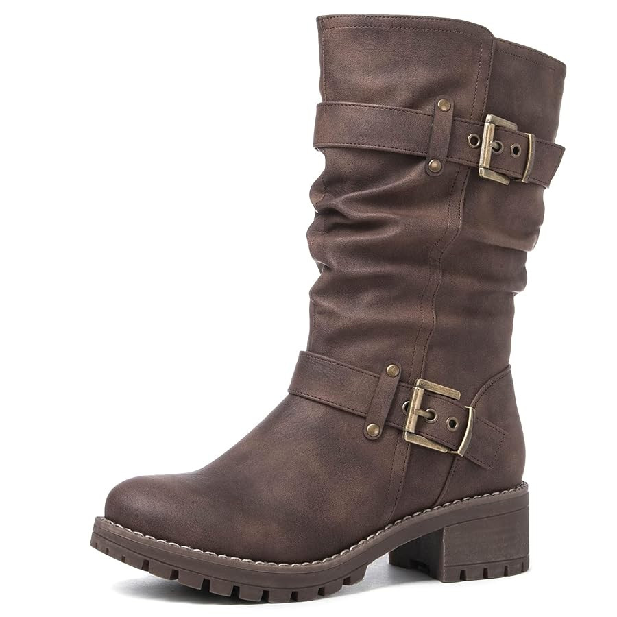 GLOBALWIN Women's Mid Calf Dress Boots Biker Motorcycle Riding Boots Women For Women | Amazon (US)
