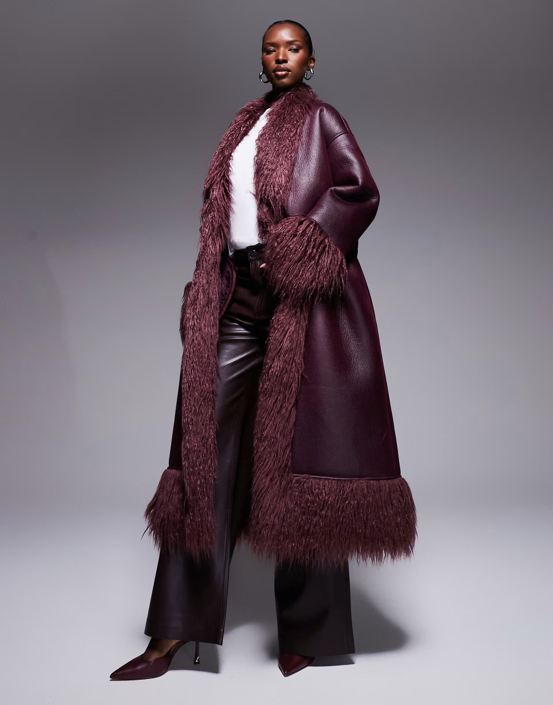 Aria Cove shaggy faux fur trim belted leather look maxi coat in burgundy | ASOS (Global)
