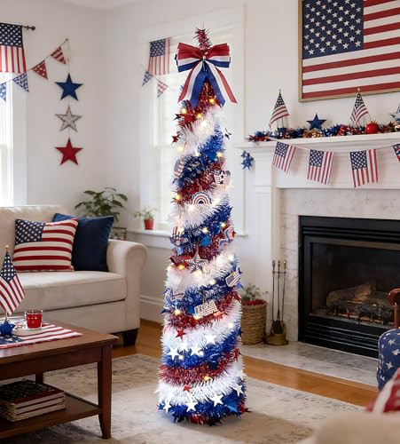 5FT 4th of July Patriotic Pop-Up Decorations Tinsel Tree,USA 250th Anniversary Collapsible Artificial Pencil Tree for Independence Day/Indoor Party/Porch/Reusable Holiday Decor(Bow) | Amazon (US)