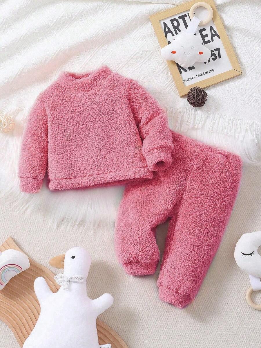 2pcs/Set Baby Girl Fluffy Warm High Neck Top And Pants Loungewear Set, Comfy Everyday Outfits For... | SHEIN