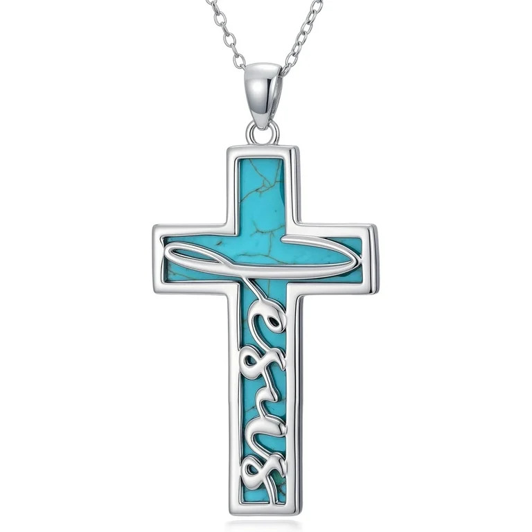 THOYAS Natural Turquoise Jesus Cross Pendant Necklace for Women 925 Sterling Silver 1.2mm Cable C... | Walmart (US)